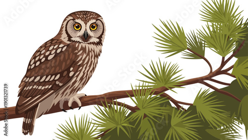 Brown owl perched on a pine tree branch with green needles