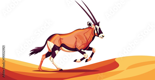 Gemsbok oryx galloping across desert sand dunes