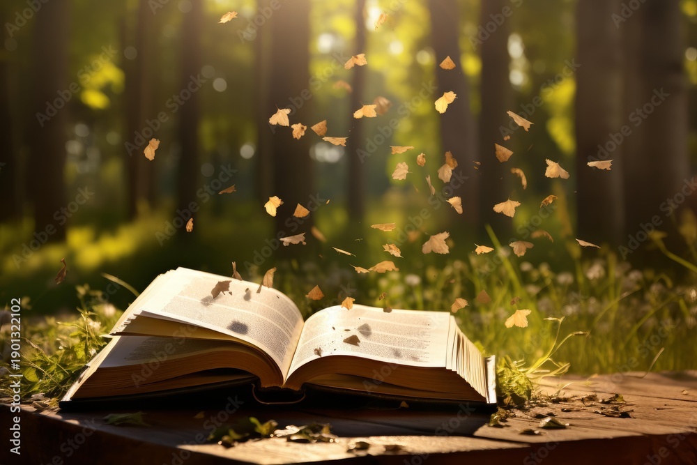 Fototapeta premium Open book with autumn leaves flying in a sunny forest, symbolizing imagination and storytelling