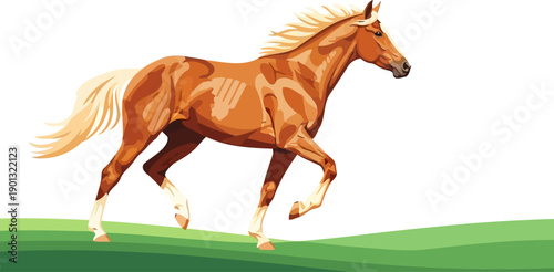 Palomino horse galloping across green pasture