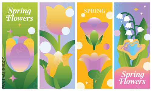 Vertical spring flowers banner collection featuring vibrant gradient tulips and lily of the valley in a trendy, abstract, joyful aesthetic.