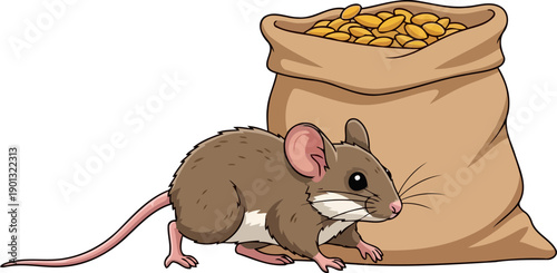 Small brown mouse next to a burlap sack of grain