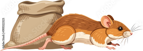 Small field mouse scurrying past burlap grain sack