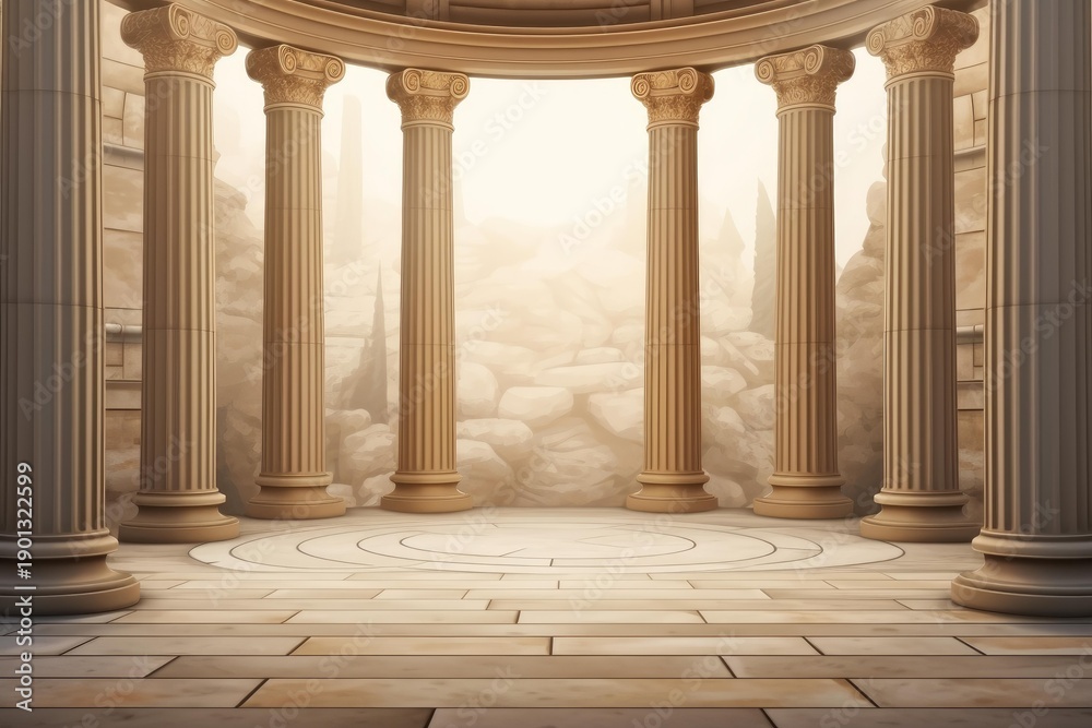 Naklejka premium Circular open air temple structure featuring classical ionic columns and stone flooring