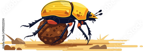 Yellow dung beetle rolling a large brown ball across sandy soil