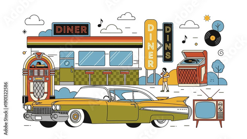 Vintage diner scene with classic car and jukebox