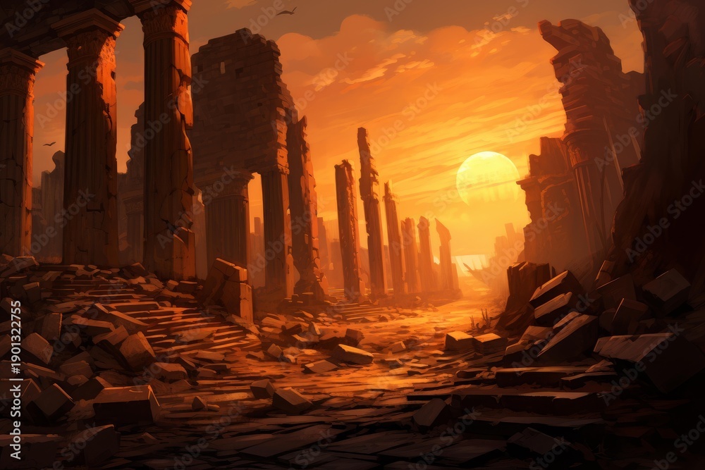 Fototapeta premium Ancient ruins and broken pillars standing under a vivid orange sunset