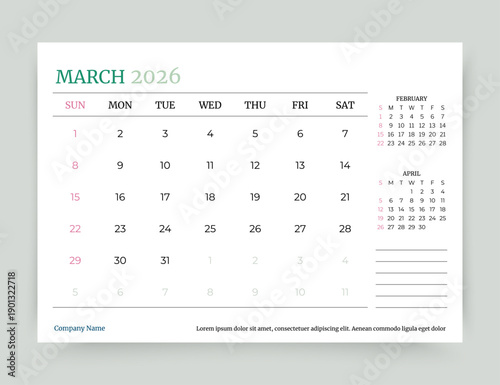 Calendar for March 2026 year. Planner calender template. Monthly organizer. Week starts Sunday. Timetable layout. Desk corporate diary. Table schedule grid. Vector simple illustration. Paper size A5