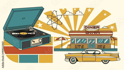 Vintage diner scene with record player and classic car
