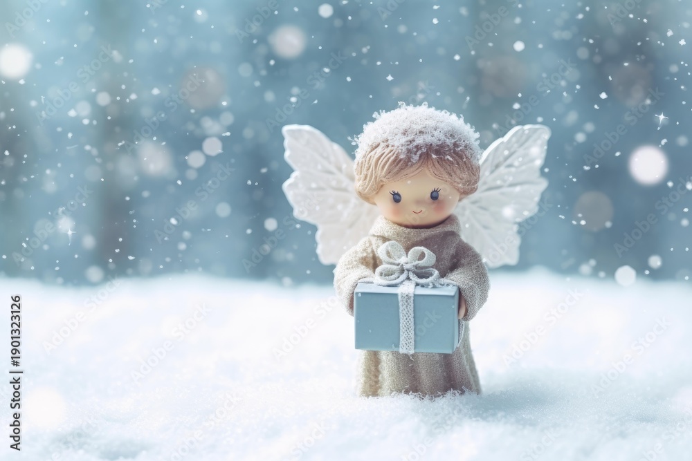 Fototapeta premium Angel statue holding a small blue gift box in a snowy winter scene with bokeh background