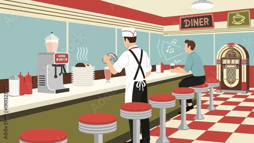 Vintage diner scene with waiter serving food