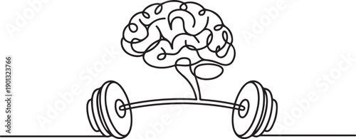  Brain Lifting Barbell Concept Line Art Vector. one line Art icon drawing vector