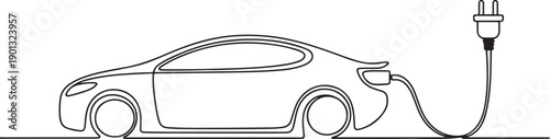 Continuous one line drawing Electric car with plug. Electric car concept. one line Art icon drawing vector