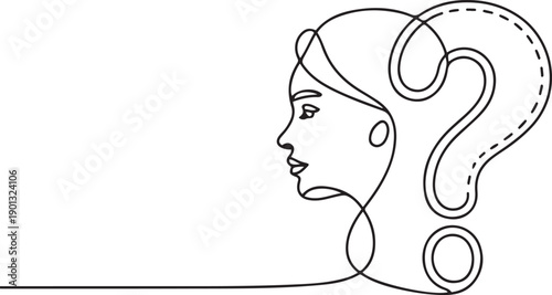 Continuous one line drawing woman and question mark. Frequently Asked Questions Concept. one line Art icon drawing vector