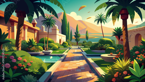 Very beautiful view of Landon Garden in Biskra, showcasing lush greenery, palm trees, tranquil pathways, and the refreshing contrast of nature within Algeria’s desert environment.