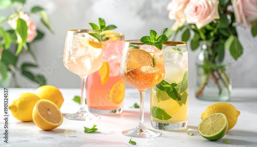 Refreshing variety of summer cocktails and mocktails with fresh lemon, lime, and mint leaves, served on a white table with pink roses in the background.