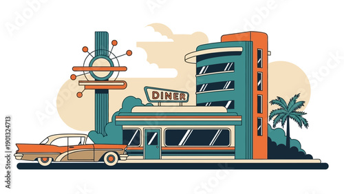 Vintage diner with retro car and palm tree