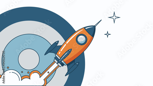 Rocket ship blasting off into the sky with clouds and stars