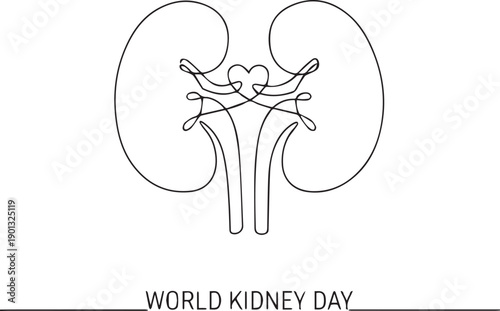 World Kidney Day line art illustration with heart and kidney silhouette on white background