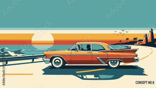 Vintage car driving along coastal road at sunset