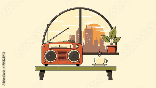 Vintage radio on a table with coffee and plant by the window at sunset