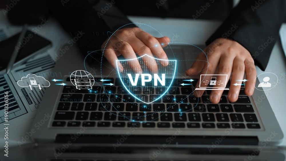 Fototapeta premium VPN security protects network access. VPN security encrypts data, hides identity, VPN security defends traffic, and VPN security secures connection from threats. Marrow