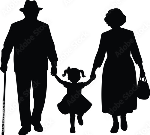 Silhouettes of grandparents holding hands with granddaughter, symbolizing family bonds, generational connection, and joyful childhood moments on white background