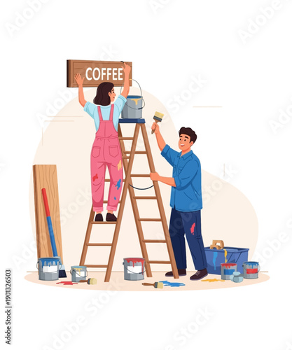 A cheerful couple carefully paints a wooden sign that clearly spells out the word "coffee" while standing on a tall ladder during interior decoration.