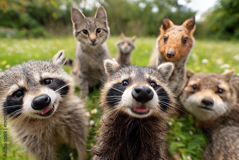 Naklejka premium Joyful Animals with Happy Expressions in Close-Up Outdoor Setting