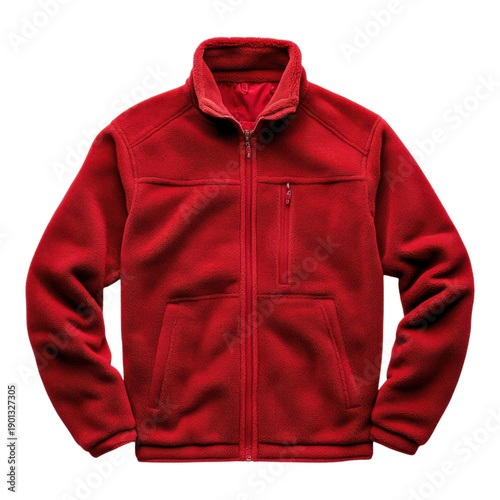 Red fleece jacket, zip up sweater, warm clothing, menswear isolated on Transparent Background