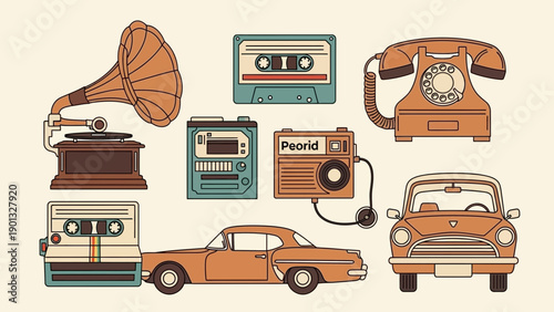 Vintage electronics and cars in nostalgic colorful illustration