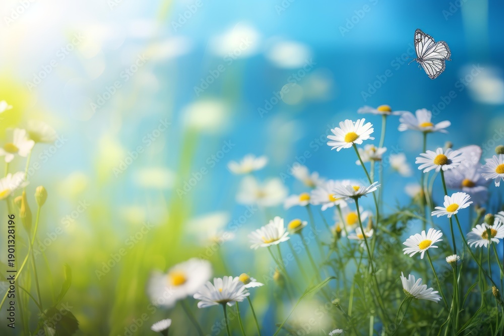 Fototapeta premium Butterfly flying over white daisy flowers in a vibrant spring meadow with blue sky