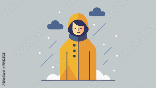 Illustration of a person wearing a yellow raincoat standing in the rain with clouds and snowflakes in the background, depicting a winter weather scene