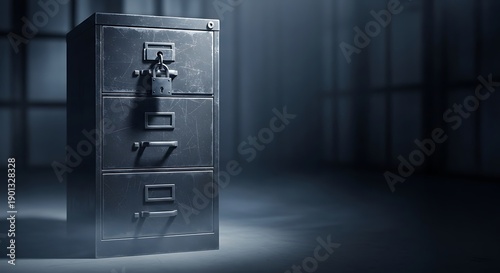 Locked metal filing cabinet in dark office