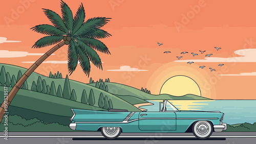 Vintage convertible drives along scenic coastal road at sunset