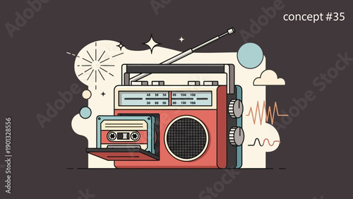 Vintage boombox with cassette tape and antennae, symbolizing music nostalgia