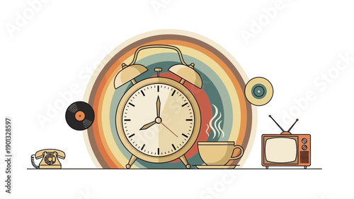 Retro style alarm clock with coffee cup and vintage devices