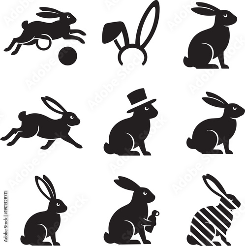 Collection of cute bunny rabbit icons with different poses and accessories