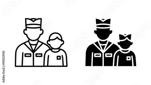 A minimalist vector graphic illustration of two pairs of medical professionals in different styles