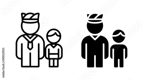 A minimalist vector graphic illustration of two sailor families in black and white