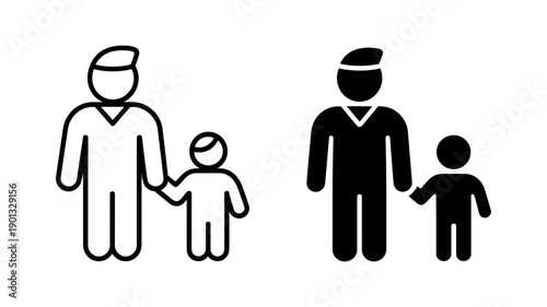 A minimalist vector graphic illustration of a family in two contrasting styles