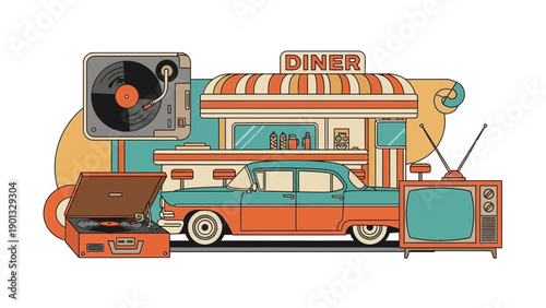 Vintage diner scene with classic car and retro electronics