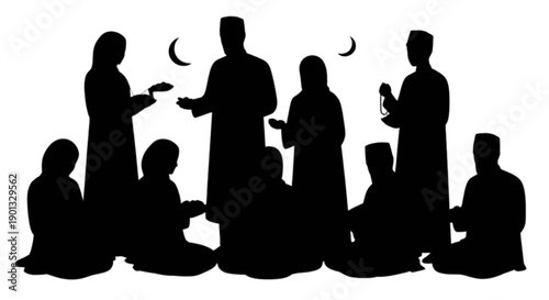 A large silhouette of a muslim community gathering for prayer and charity during a holy month isolated on transparent background, Vector