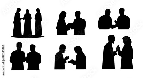 Silhouettes of diverse people in various interactions and greetings vector illustration set isolated on transparent background, Vector