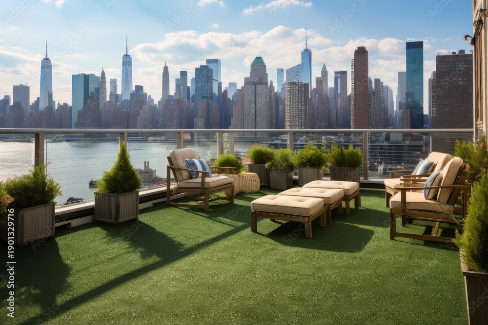 Fototapeta premium Apartment rooftop terrace furnishing with outdoor furniture and planted evergreens offering city views