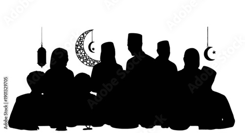 Silhouette illustration of a muslim community gathering during ramadan or eid celebration isolated on transparent background, Vector
