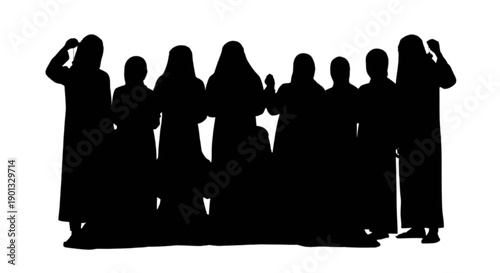 A silhouette illustration showing a group of women standing together in religious attire isolated on transparent background, Vector