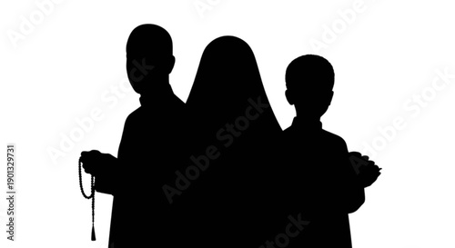 A silhouette illustration of a muslim family engaging in prayer and devotion isolated on transparent background, Vector