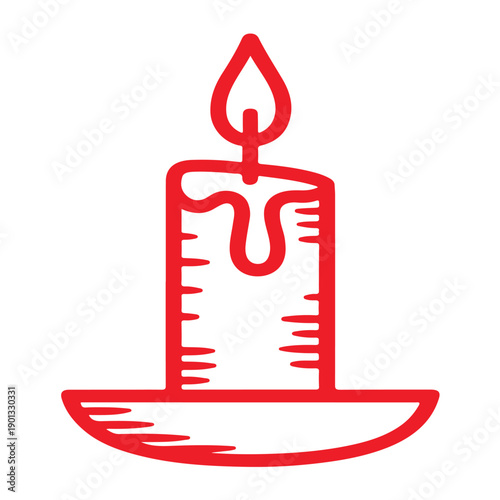 Single red candle icon with melting wax and flame, outline drawing, representing warmth, celebration, or memorial, simple and elegant design, isolated on transparent background, festive glow