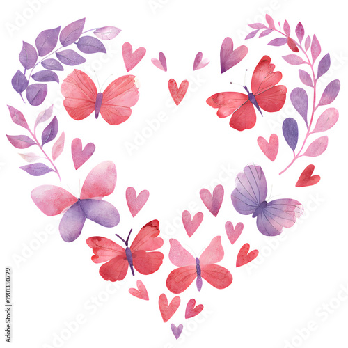 Watercolor heart wreath with pink butterflies and purple floral leaves for romantic greeting design